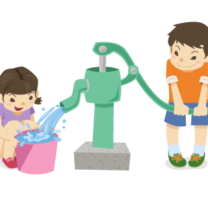 手押しポンプで井戸水を使う男の子と女の子